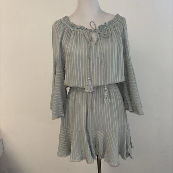 Blue B Romper Green Boho Cottage‎ core Sz M Stretch Flowy NWT Tassels Stripped50 - Picture 1 of 15